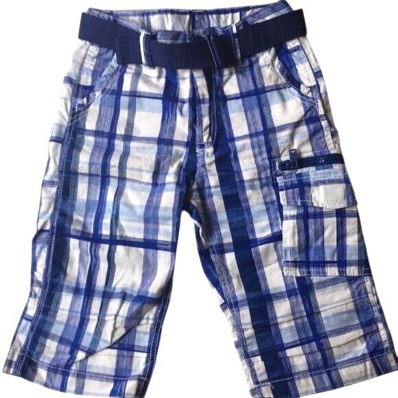 H&M Boys Blue Plaid Cargo Shorts With Adjustable Belt Size Boys 5 Cotton - Picture 1 of 8